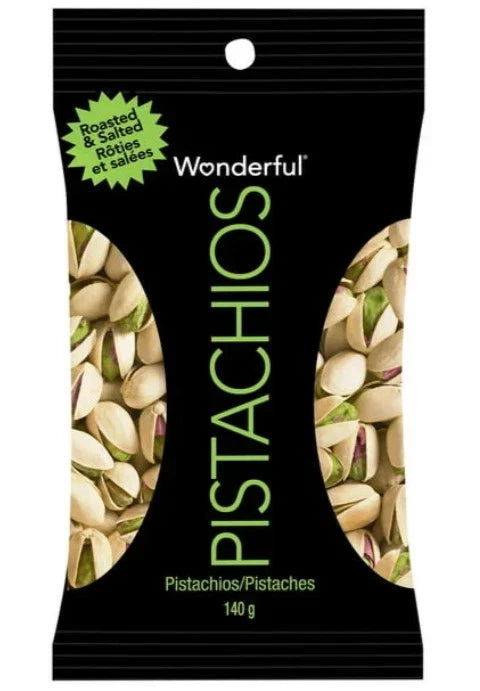 Wonderful brand pistachio snack bag, 140g, featuring a black background with green vertical 'PISTACHIOS' text and clear windows showing the pistachios.