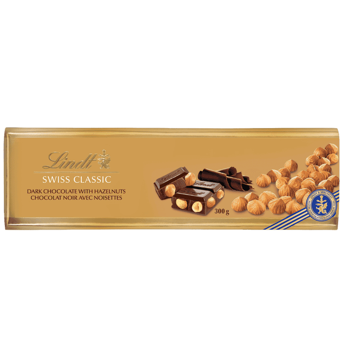 Lindt SWISS CLASSIC Dark Chocolate and Hazelnut Bar, 300g - ARILON