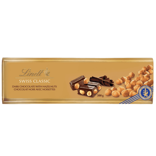 Lindt SWISS CLASSIC Dark Chocolate and Hazelnut Bar, 300g - ARILON