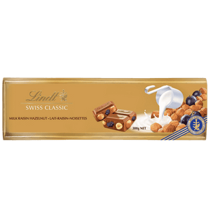 Lindt SWISS CLASSIC Gold Raisin Hazelnut Milk Chocolate Bar, 300g - ARILON