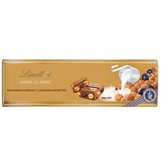 Lindt SWISS CLASSIC Gold Raisin Hazelnut Milk Chocolate Bar, 300g - ARILON