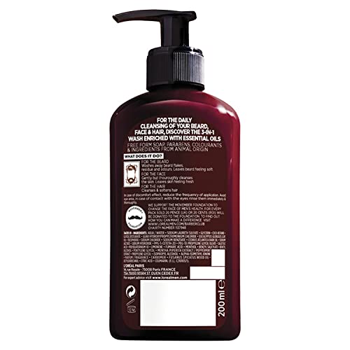 L’Oreal Paris Men Expert Cleansing 3 - in - 1 Beard, Face & Hair Wash 200ml, Barber Club Wash With Cedarwood Essential Oil, Deeply Cleanses and Removes Beard Flakes - Sal Sale inc