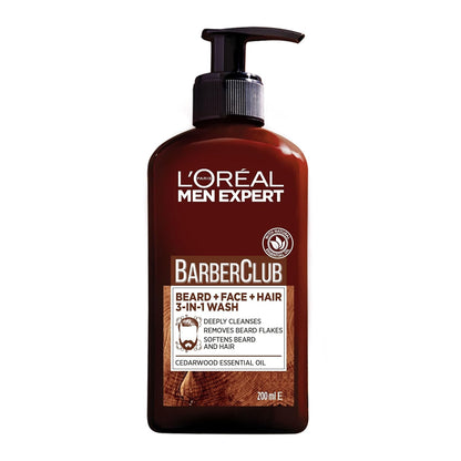 L’Oreal Paris Men Expert Cleansing 3 - in - 1 Beard, Face & Hair Wash 200ml, Barber Club Wash With Cedarwood Essential Oil, Deeply Cleanses and Removes Beard Flakes - Sal Sale inc