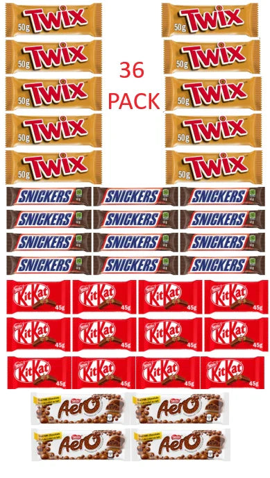 Scrumptious mix candy FULL size Bars twix,Snickers,Aero MILK ,KIT KAT, 36 PACK